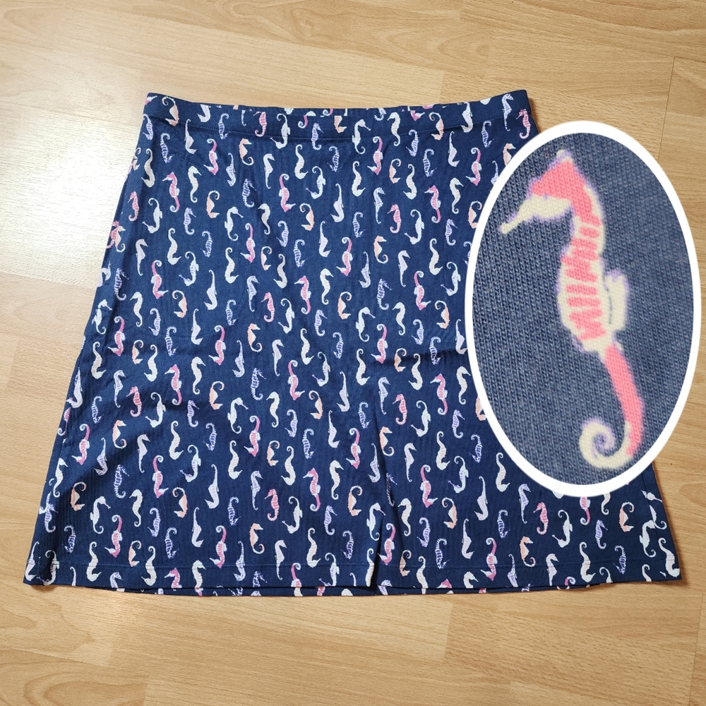 J. Jill Seahorse Print Skirt Modal Knit Pull-On Knee Length Midi A-line Pockets